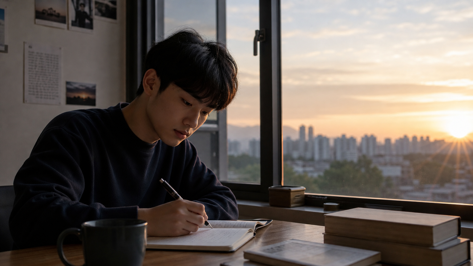 창문 옆에서 일기에 자신을 발견하는 순간을 적는 젊은 한국 학생