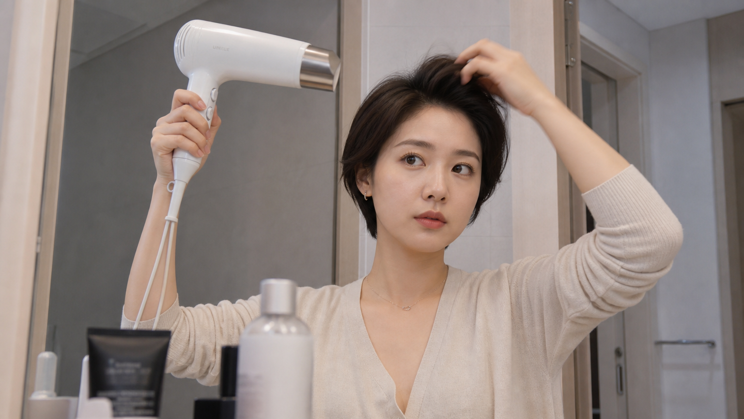 집에서 드라이어와 스타일링 제품을 사용하여 머리에 볼륨을 넣는 여성