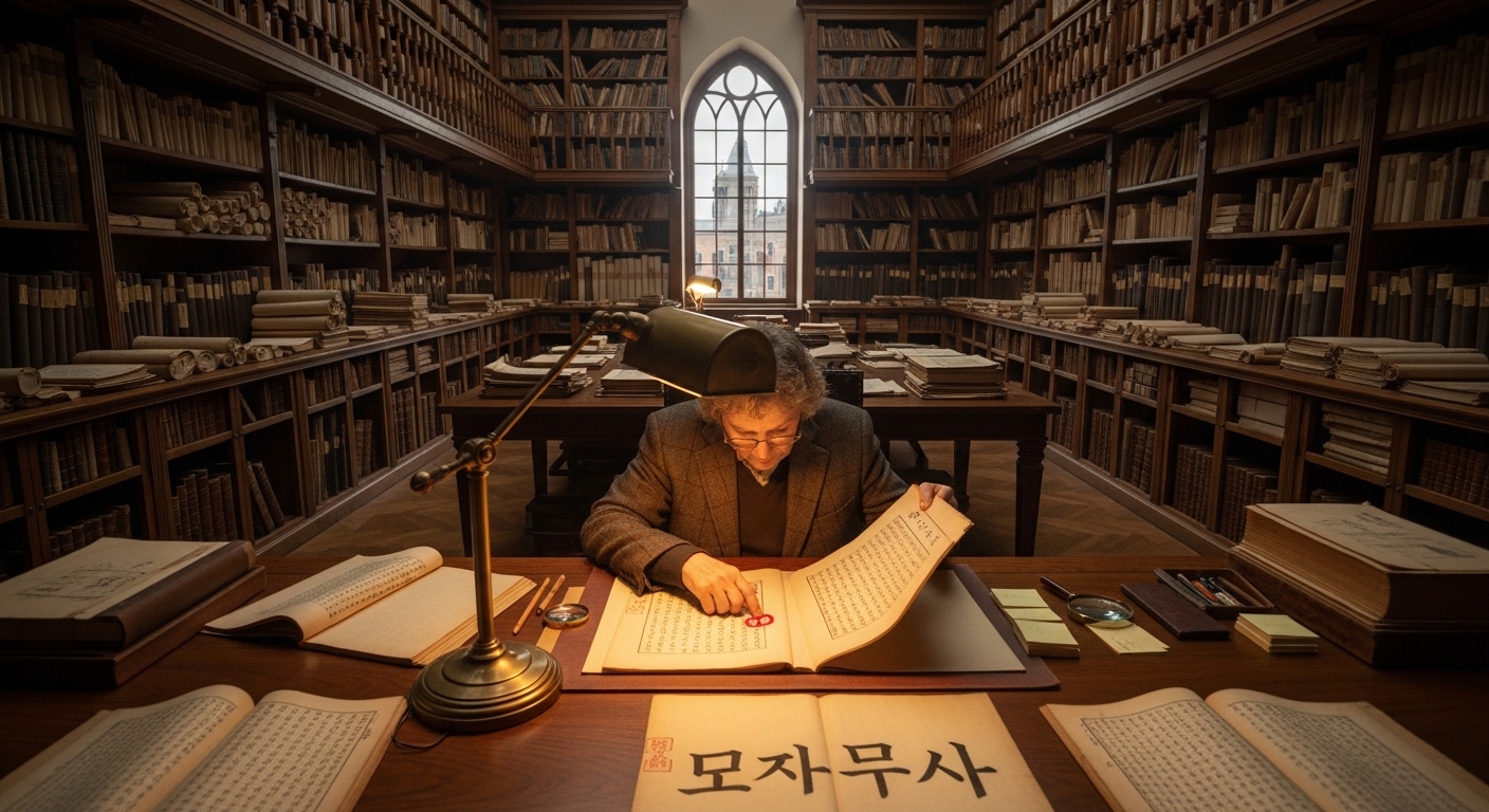 오래된 한국 사본을 조사하며 '모자무싸' 관련 증거를 찾는 역사가의 모습