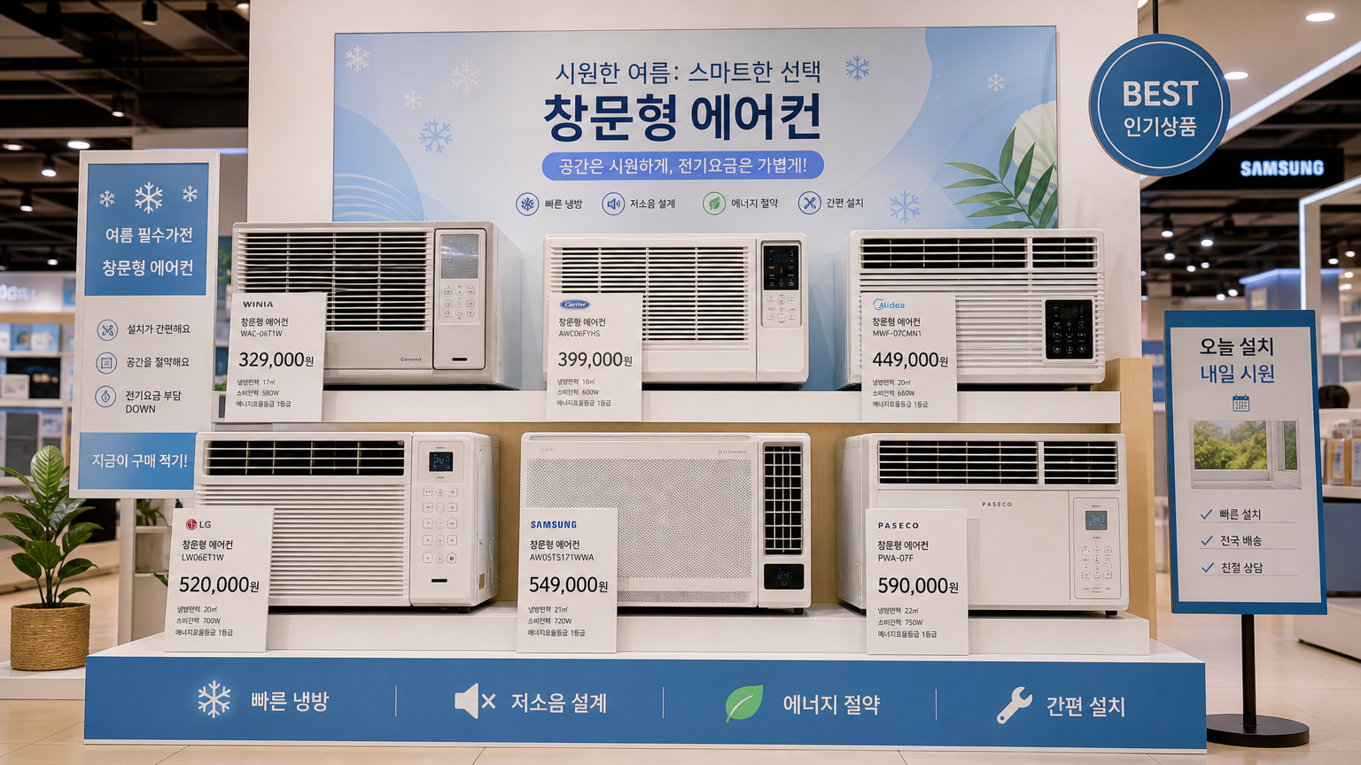 다양한 모델과 가격대의 창문형 에어컨들이 진열된 현대적인 한국 전자제품 매장