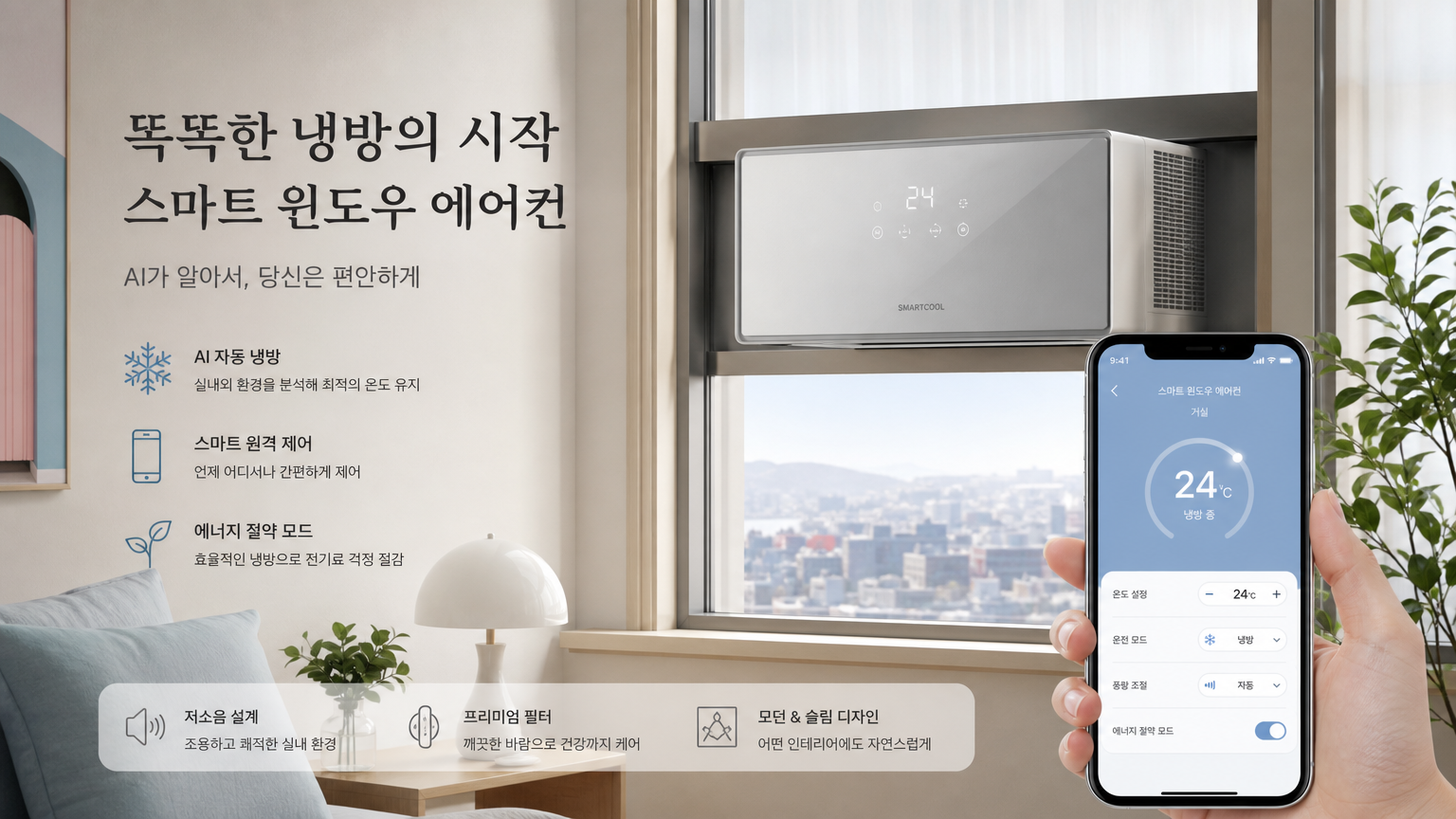 스마트폰 앱으로 제어 가능한 미래 지향적 디자인의 스마트 창문형 에어컨이 있는 세련된 한국 가정