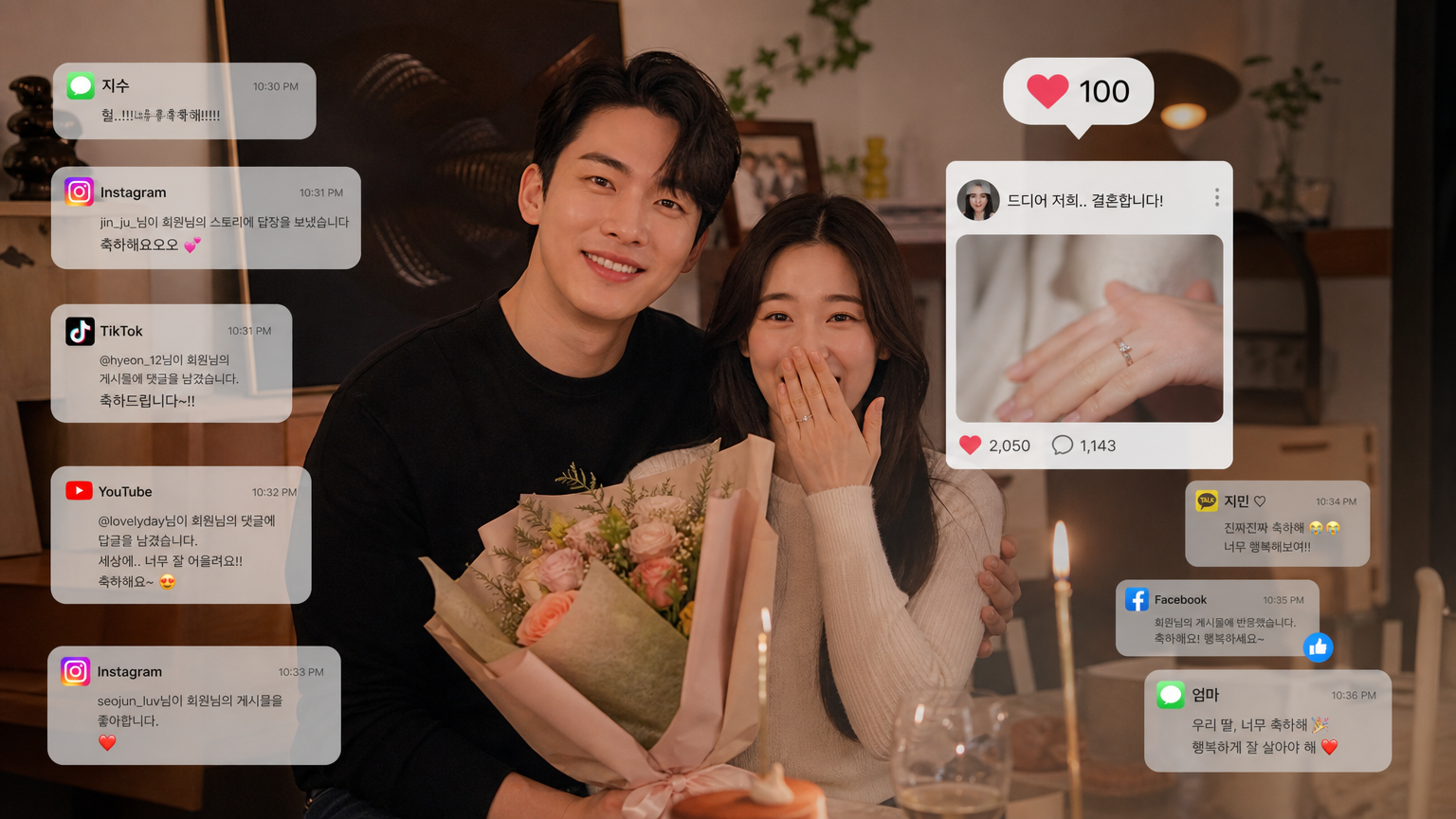 약혼 축하 메시지와 함께 집에서 기뻐하는 현대 커플