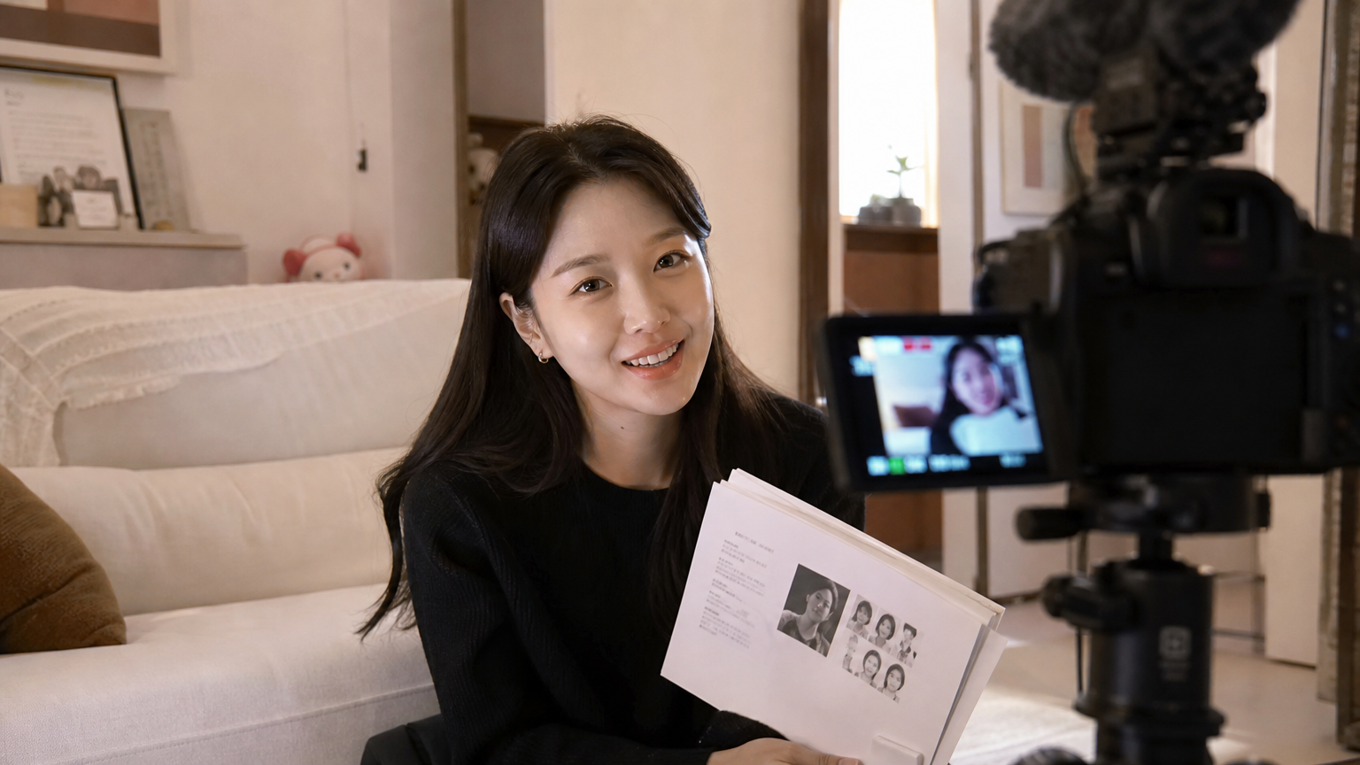 거실에서 오디션 준비 과정을 브이로그로 촬영하는 배우