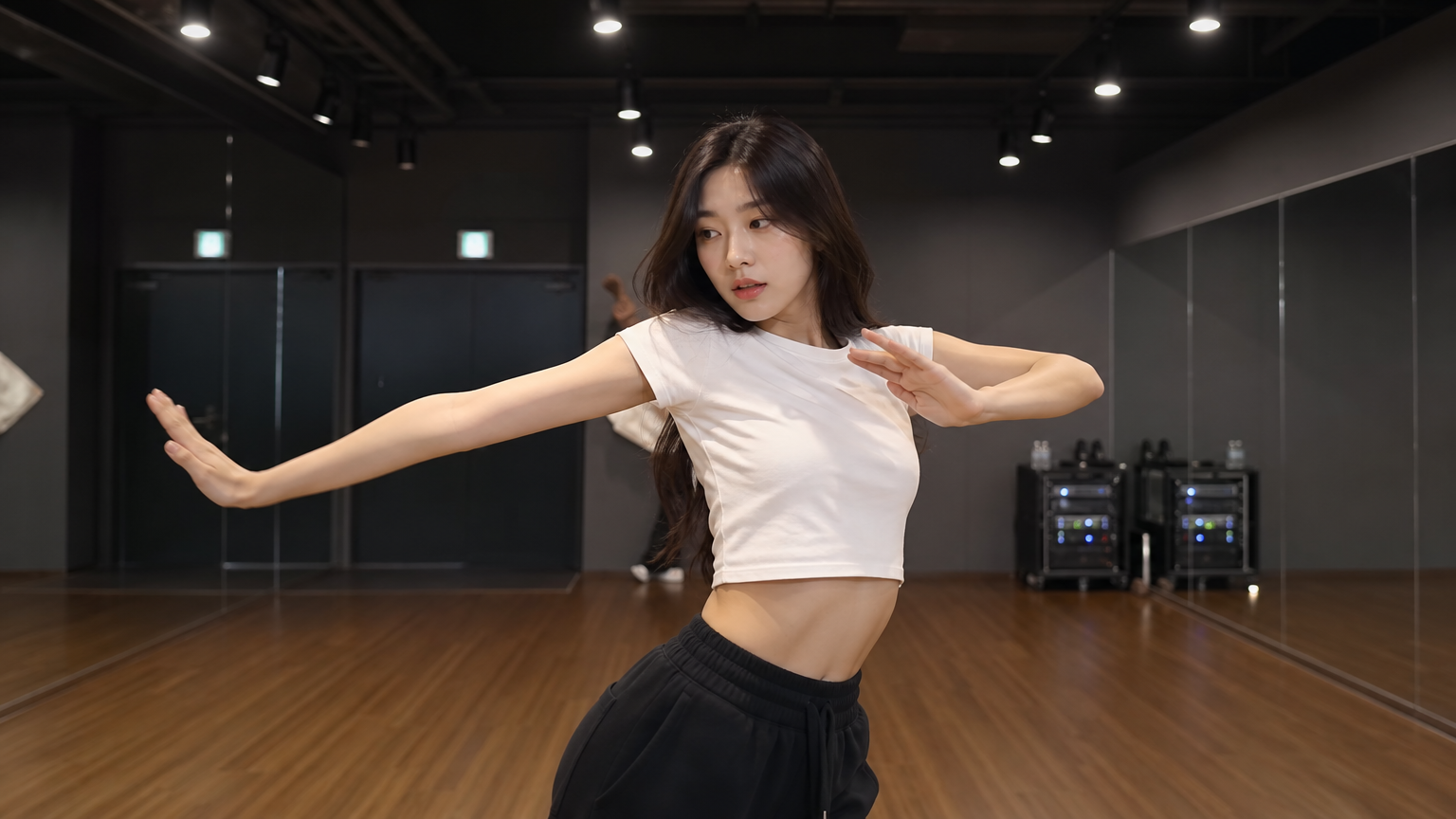 거울과 조명이 있는 스튜디오에서 춤 연습 중인 재능 있는 여배우