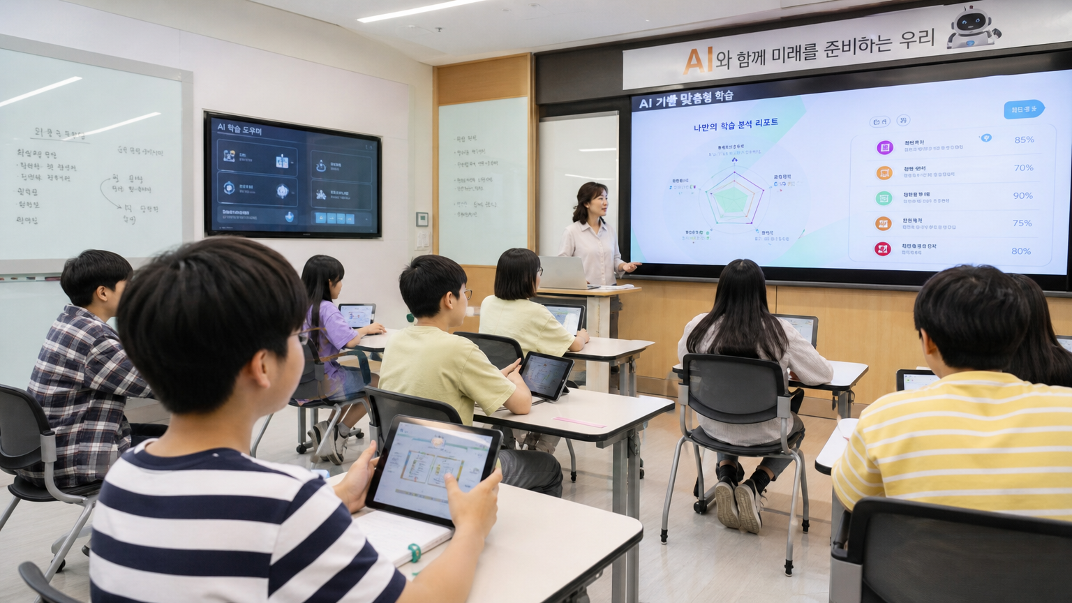 AI 기술과 디지털 보드가 통합된 현대적인 한국 교실에서 학생들이 개인화된 학습에 참여하는 모습