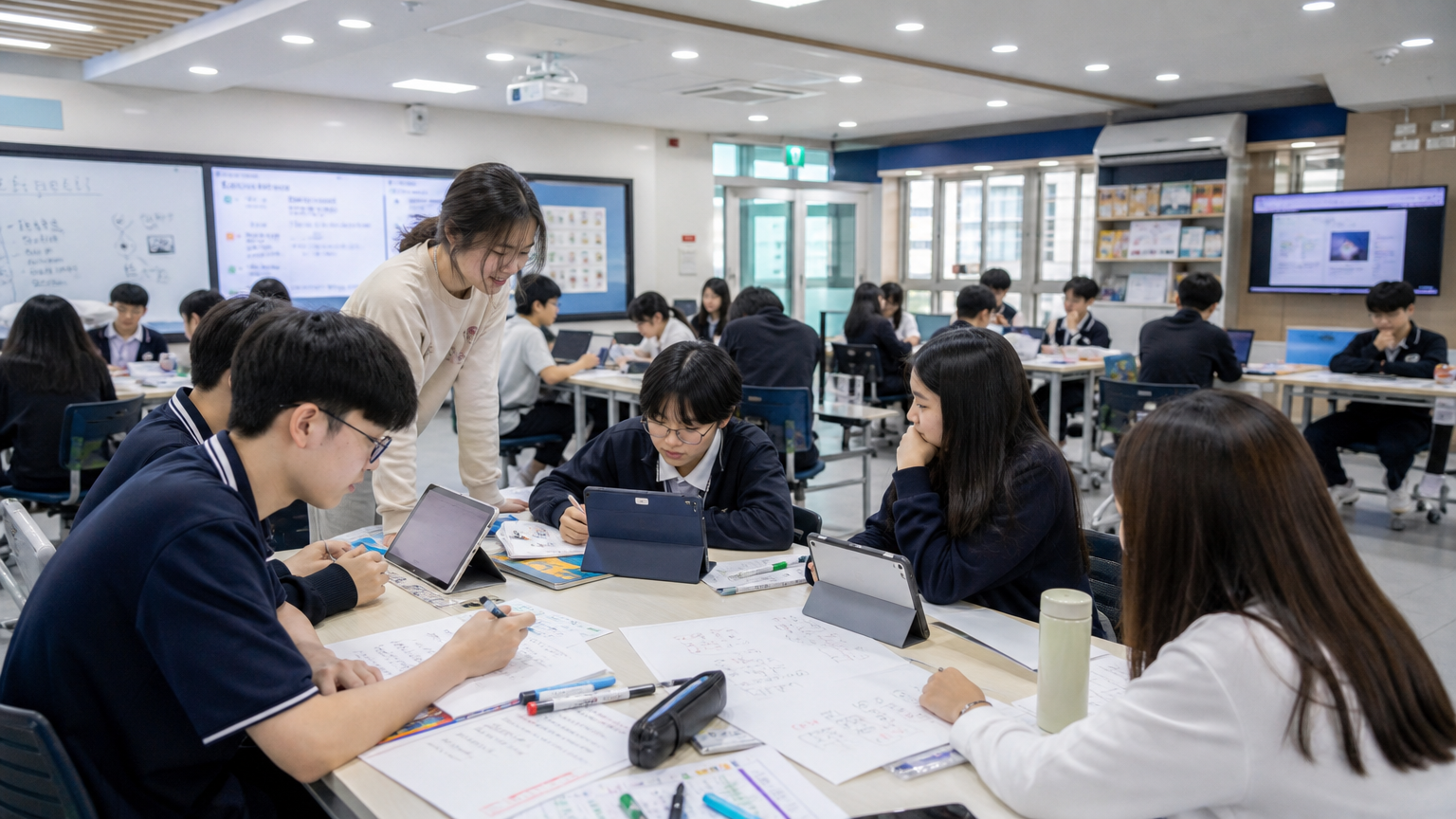 자율적인 교육 실천이 이루어지는 한국 학교에서 교사와 학생들이 협력하는 유연한 학습 공간