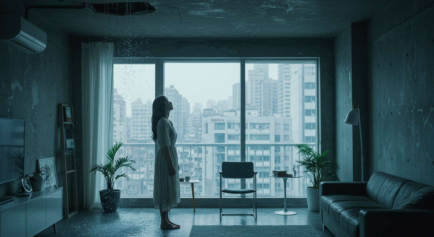 현대적인 아파트에서 천장을 보며 물이 새는 모습을 바라보는 여성의 모습
