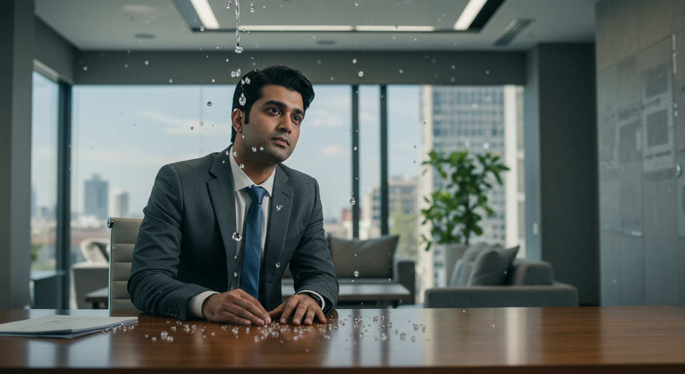 맑은 물이 사무실 책상으로 떨어지는 장면을 보는 사업가