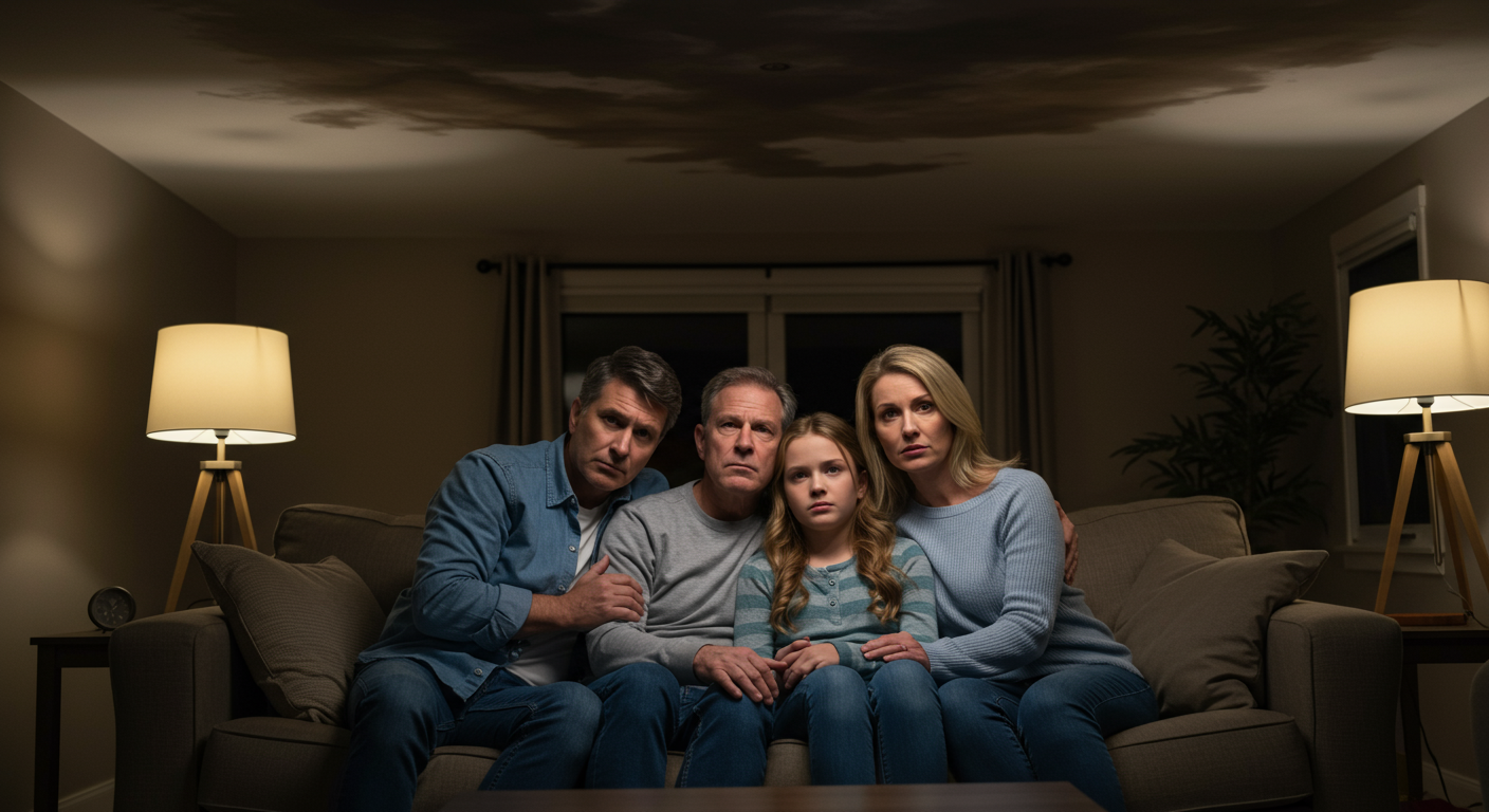 거실에 모여 있는 가족들이 어두운 색깔의 천장 얼룩을 보고 걱정하는 모습