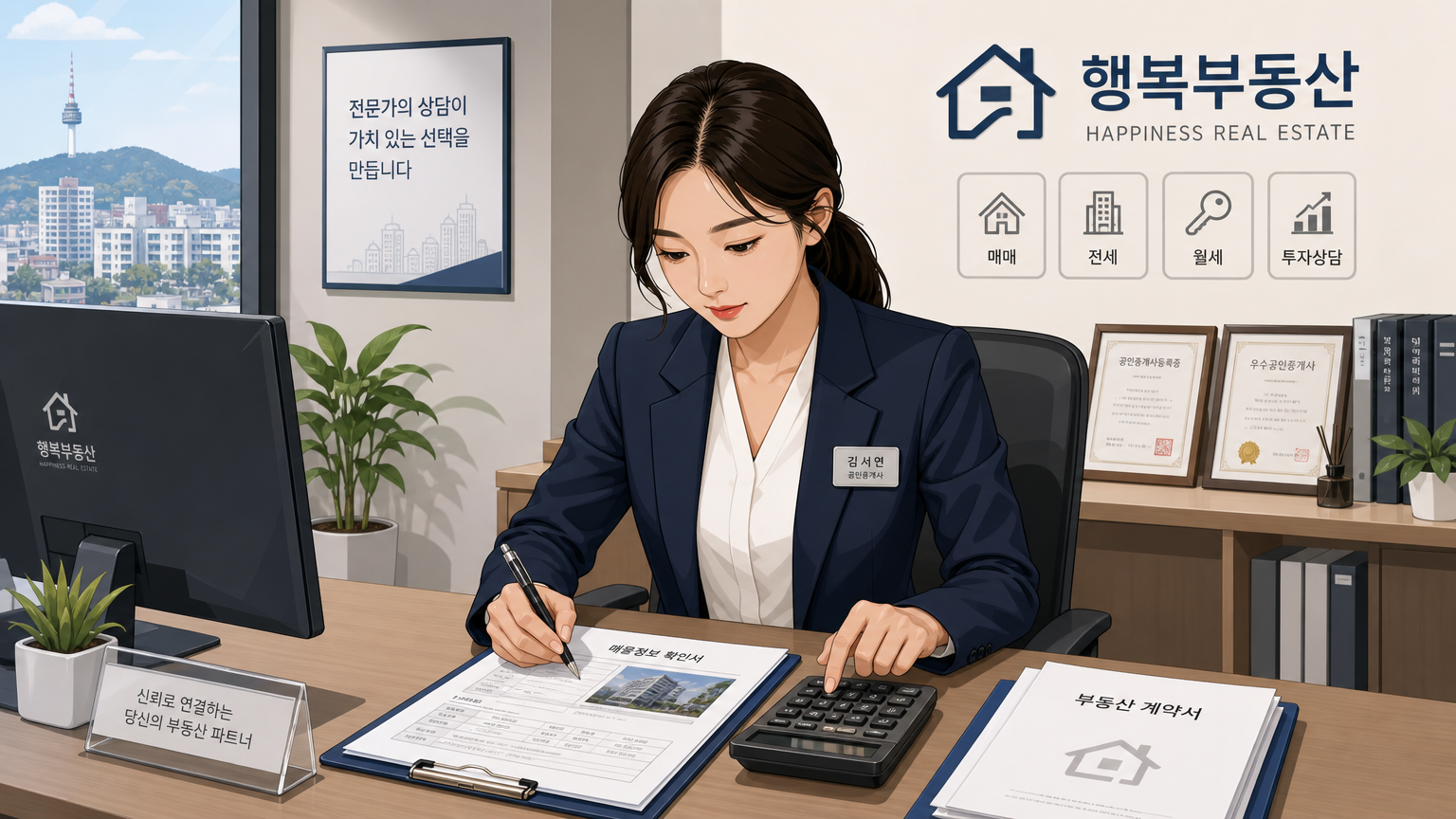 현대적인 사무실에서 부동산 서류와 계산기를 두고 고민하는 중개인