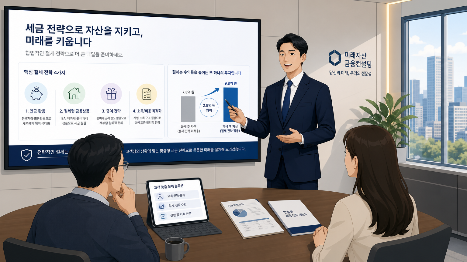 현대적 회의실에서 고객에게 절세 전략을 설명하는 재무 상담사