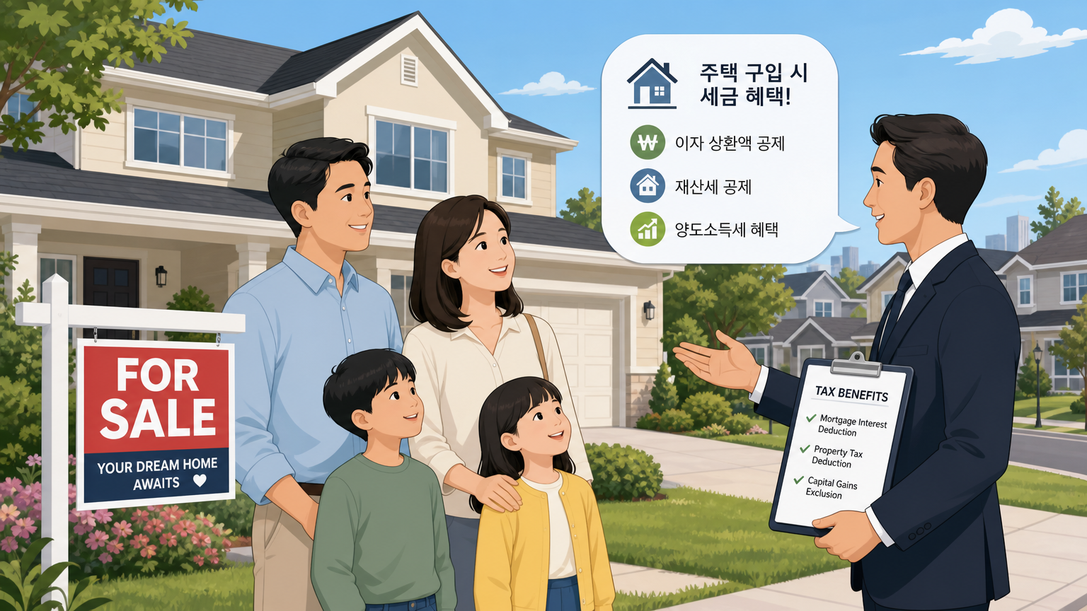 주택 앞에서 매매를 논의하는 한국 가족의 모습