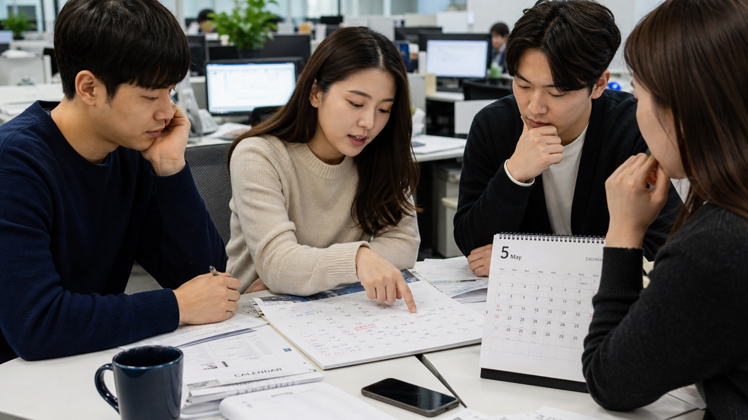 직장인과 학생들이 책상 위 달력을 보며 공휴일을 고민하는 모습