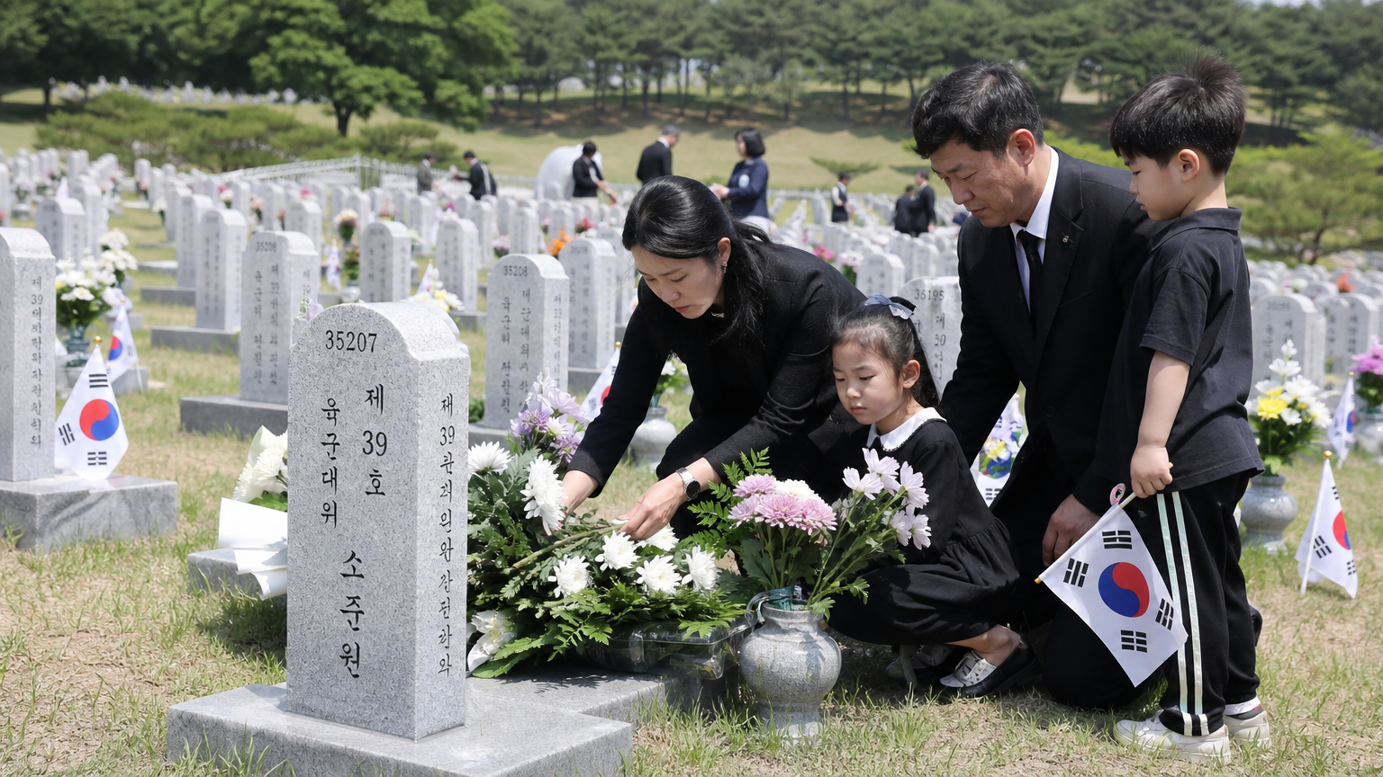 한국 가족이 국립묘지를 방문해 순국선열을 기리는 모습