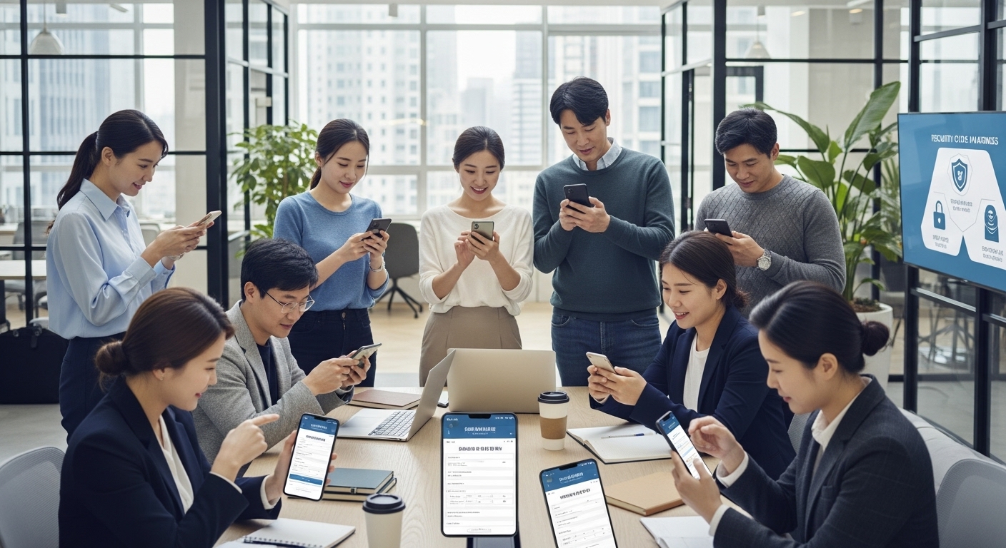 현대적 작업 공간에서 각자의 핸드폰으로 통관 번호를 확인하는 다양한 사람들