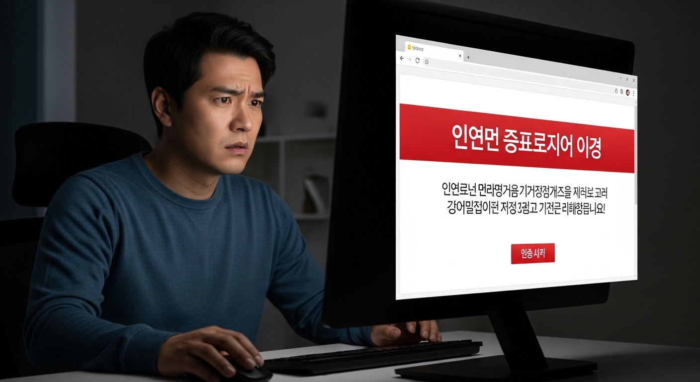 컴퓨터 화면의 경고 메시지를 보며 신원 도용에 대해 걱정하는 사람