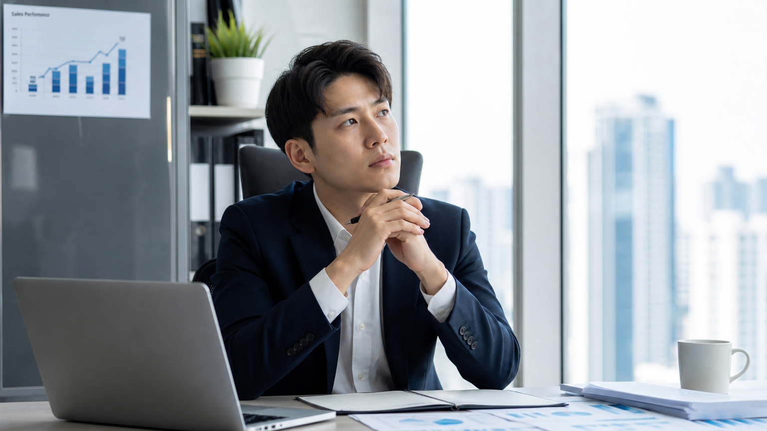 사무실에서 금융 서류를 보며 재테크 방법을 고민하는 현대인의 모습