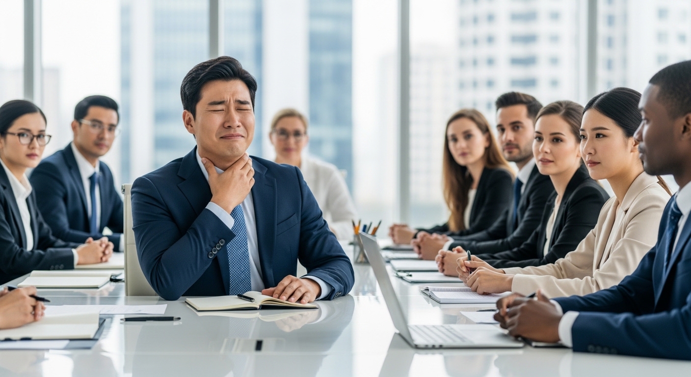 회의 중 갑작스런 딸꾹질로 당황하는 직장인의 모습