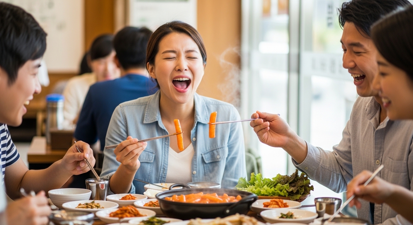 친구들과 매운 떡볶이를 먹다가 딸꾹질이 나는 여성의 모습