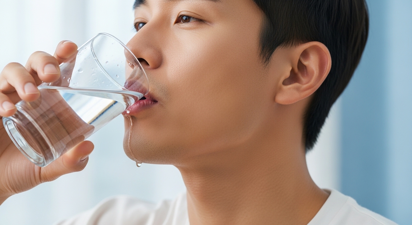 차가운 물을 마시며 신경을 자극해 딸꾹질을 멈추려는 남성