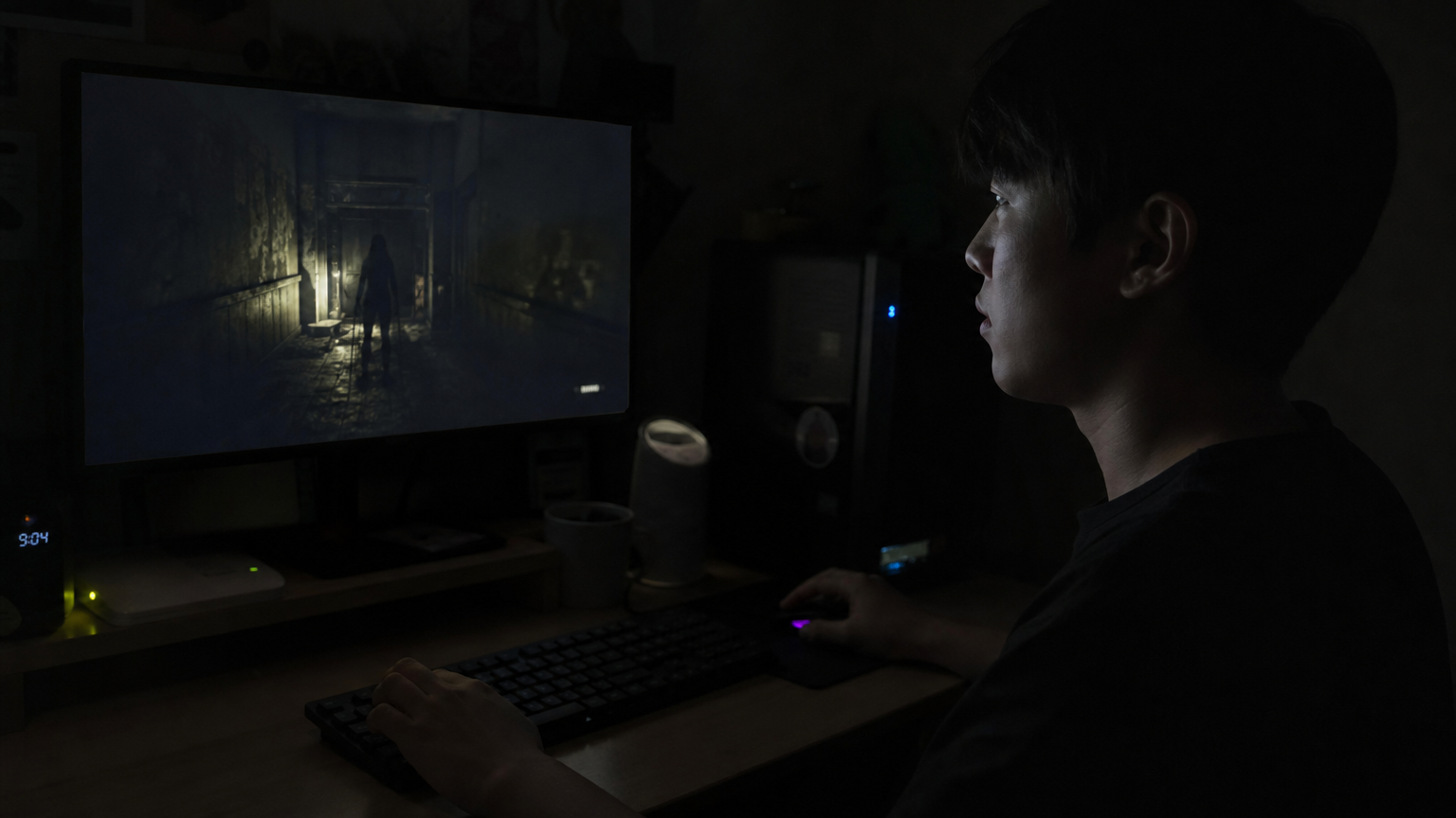 어두운 방에서 저사양 컴퓨터로 심리 공포 게임에 몰입한 게이머