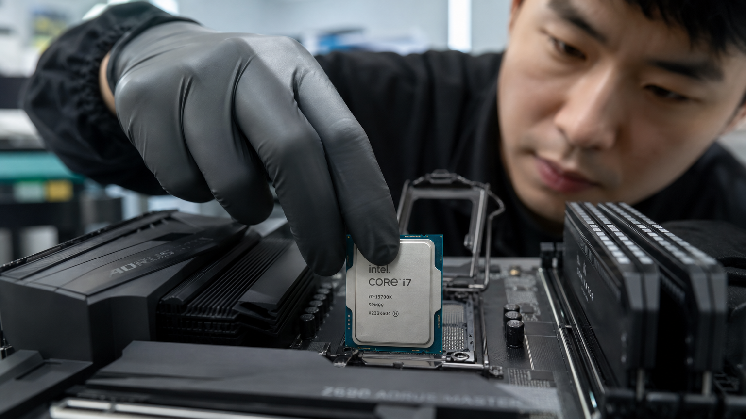 한국 기술자가 메인보드에 인텔 Core i7 프로세서를 설치하는 장면