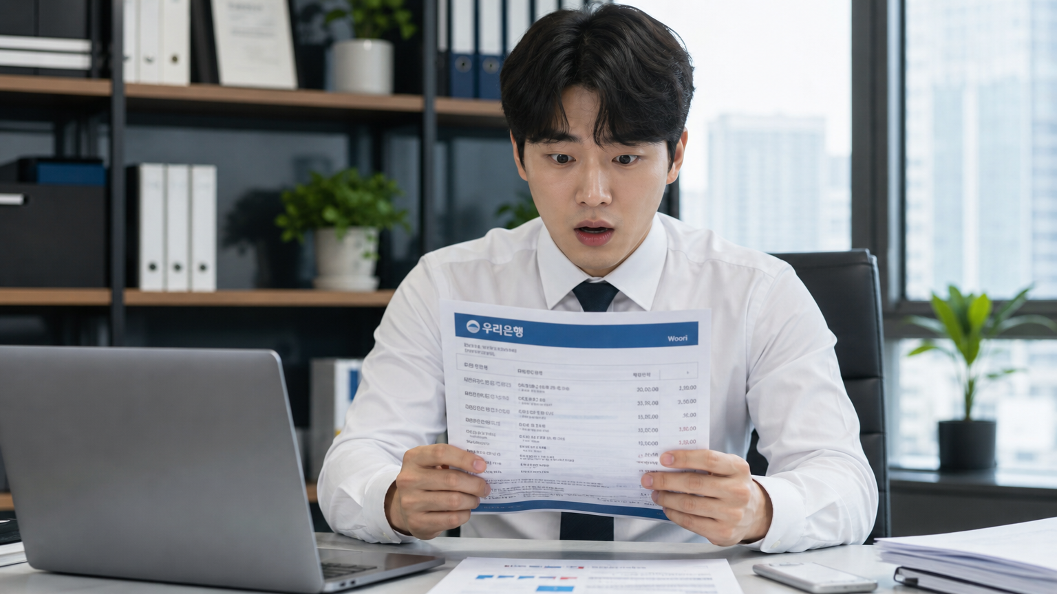 사무실에서 놀란 표정으로 은행 명세서를 보는 직장인의 모습