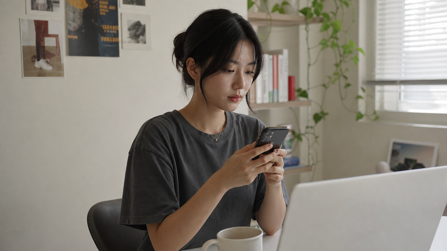 미니멀리스트 홈 오피스에서 스마트폰 화면을 보고 있는 한국 여성