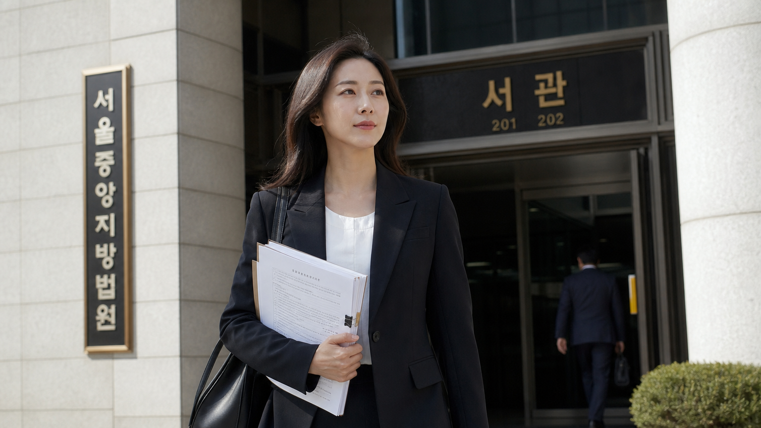 밝은 햇빛 아래 법원으로 들어가는 자신감 있는 한국 여성 사업가