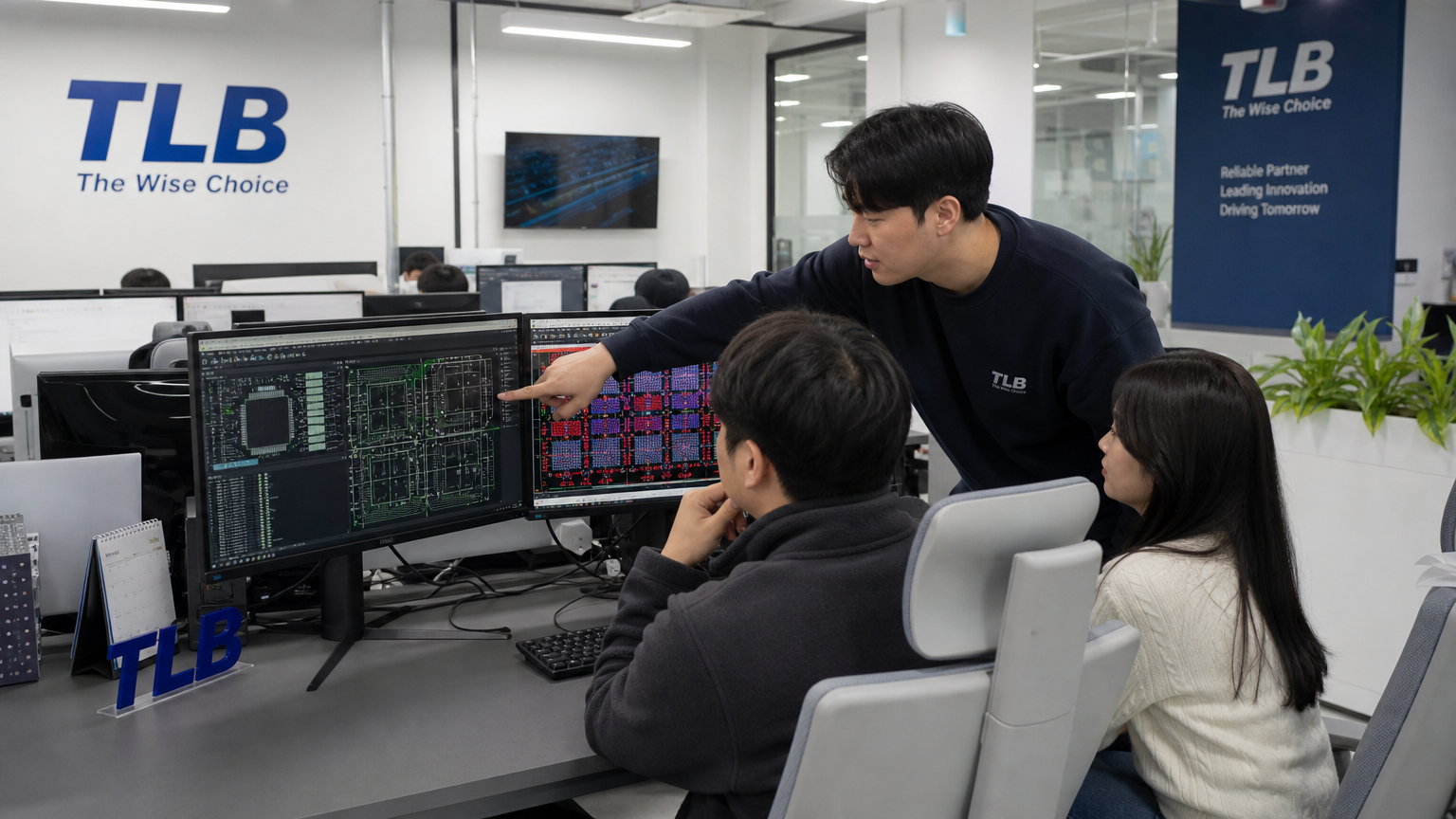 TLB 브랜드가 보이는 현대적 사무실에서 협업 중인 직원들