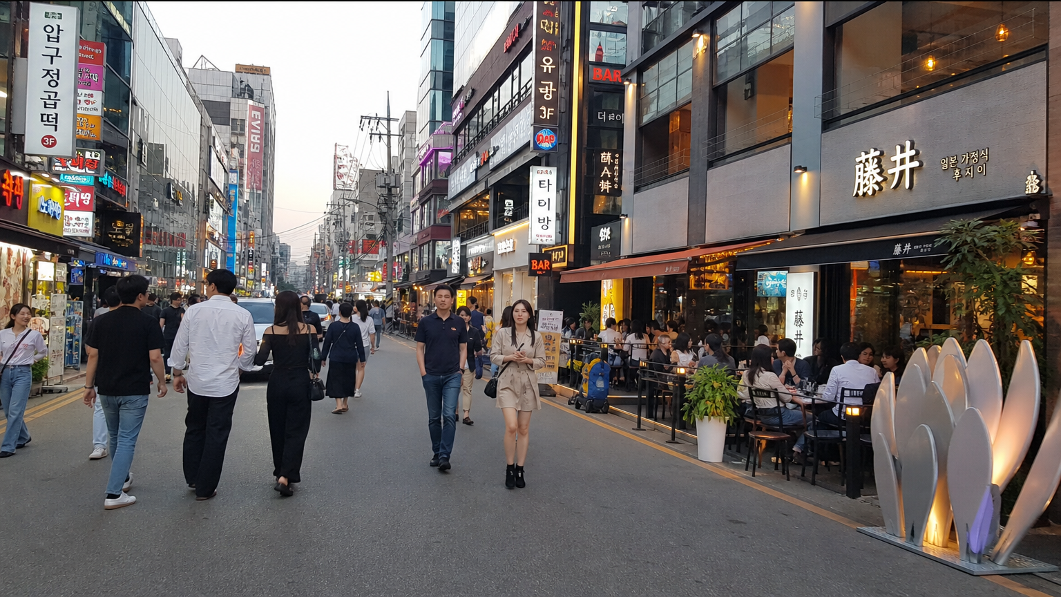 강남의 트렌디한 카페와 레스토랑으로 가득 찬 거리