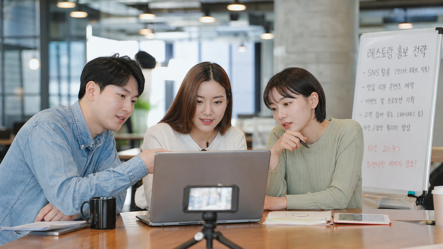 현대적인 코워킹 스페이스에서 콘텐츠 전략을 논의하는 한국인 인플루언서들