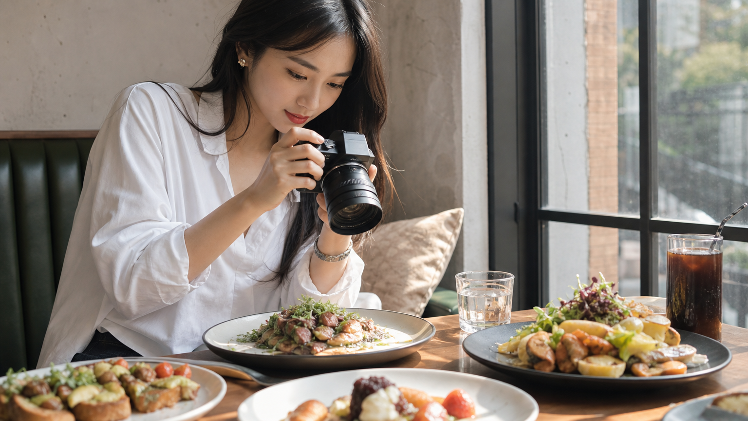 자연광을 활용하여 창가 자리에서 요리 사진을 찍고 있는 젊은 인플루언서