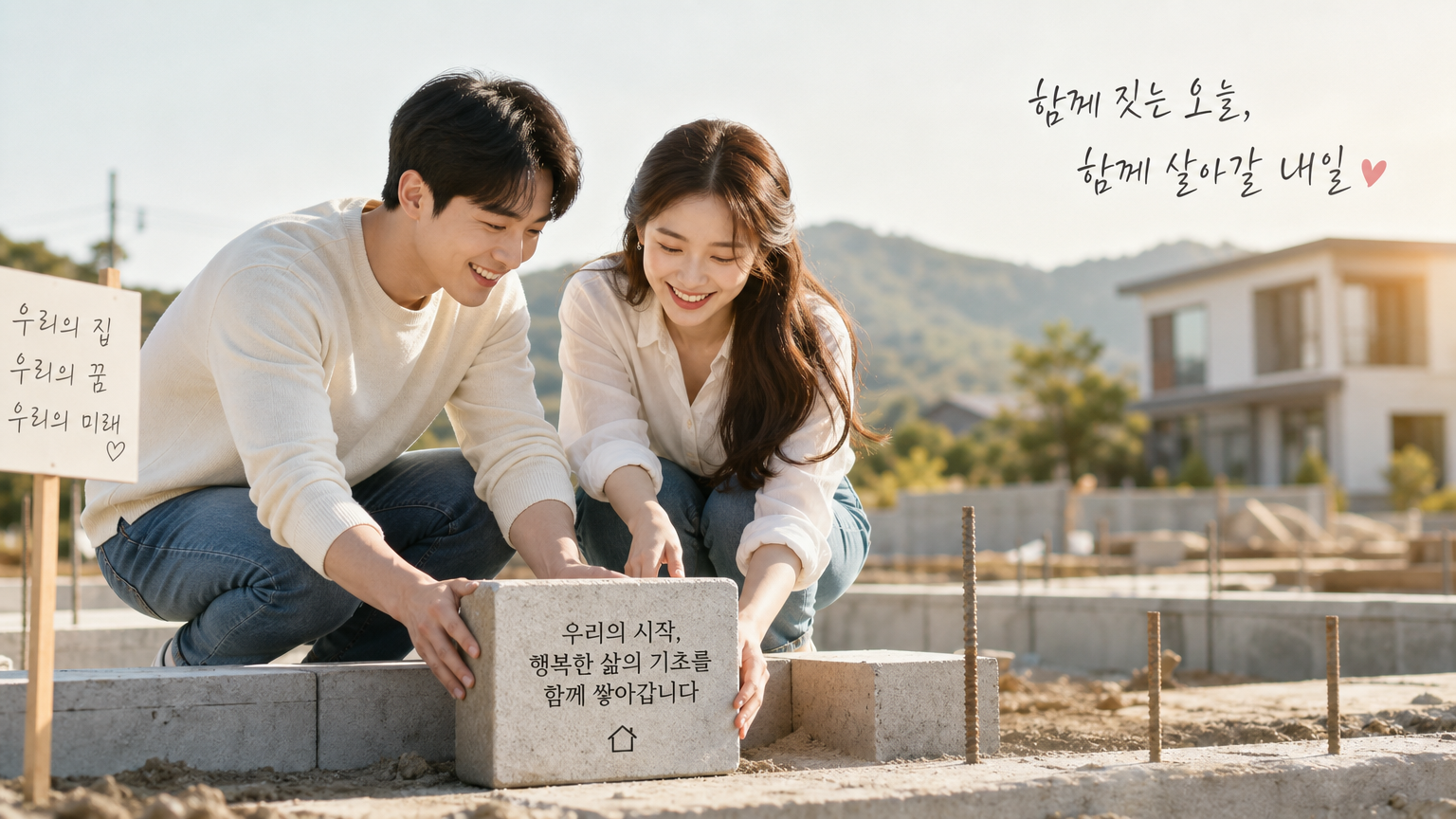 신혼부부가 함께 집을 건설하며 밝고 희망찬 표정을 짓는 모습