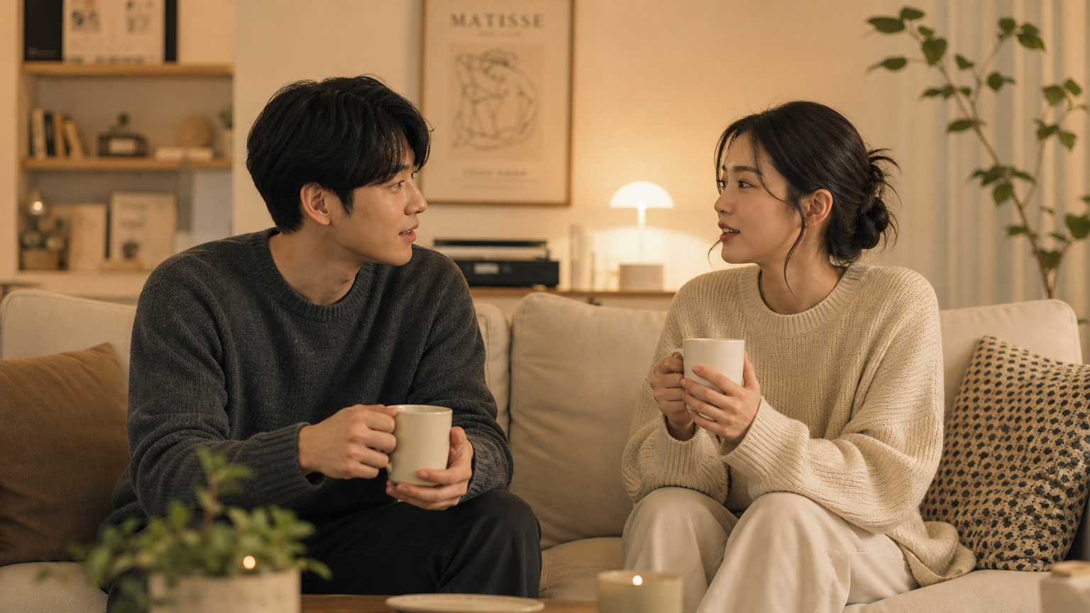 아늑한 거실에서 커피를 마시며 따뜻하고 이해심 있는 분위기 속에 대화를 나누는 젊은 부부