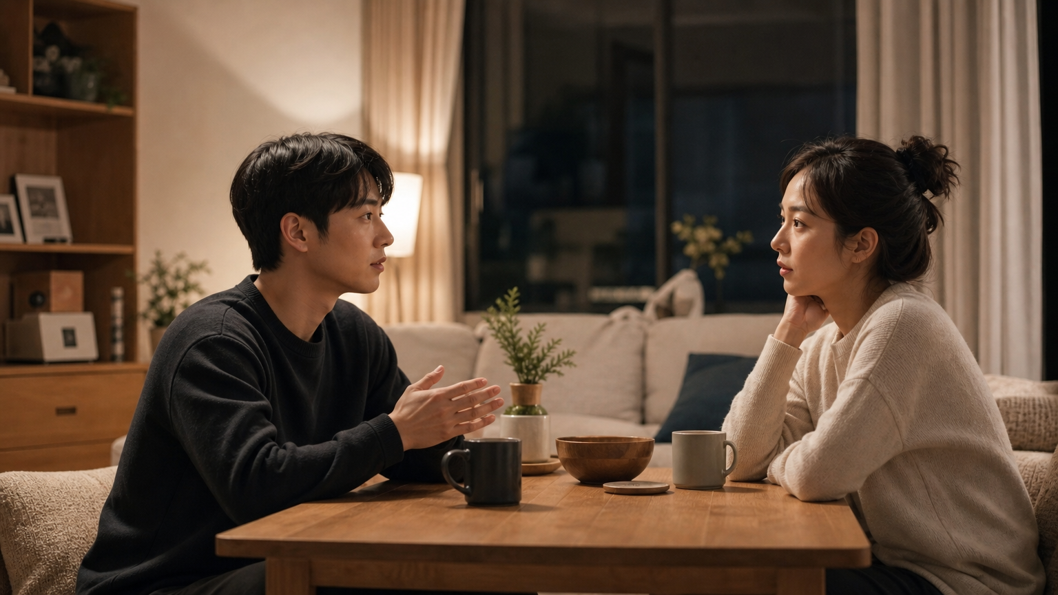 성숙함과 협력을 보여주는 가정 내에서 침착하게 의견 차이를 해결하는 한국 커플
