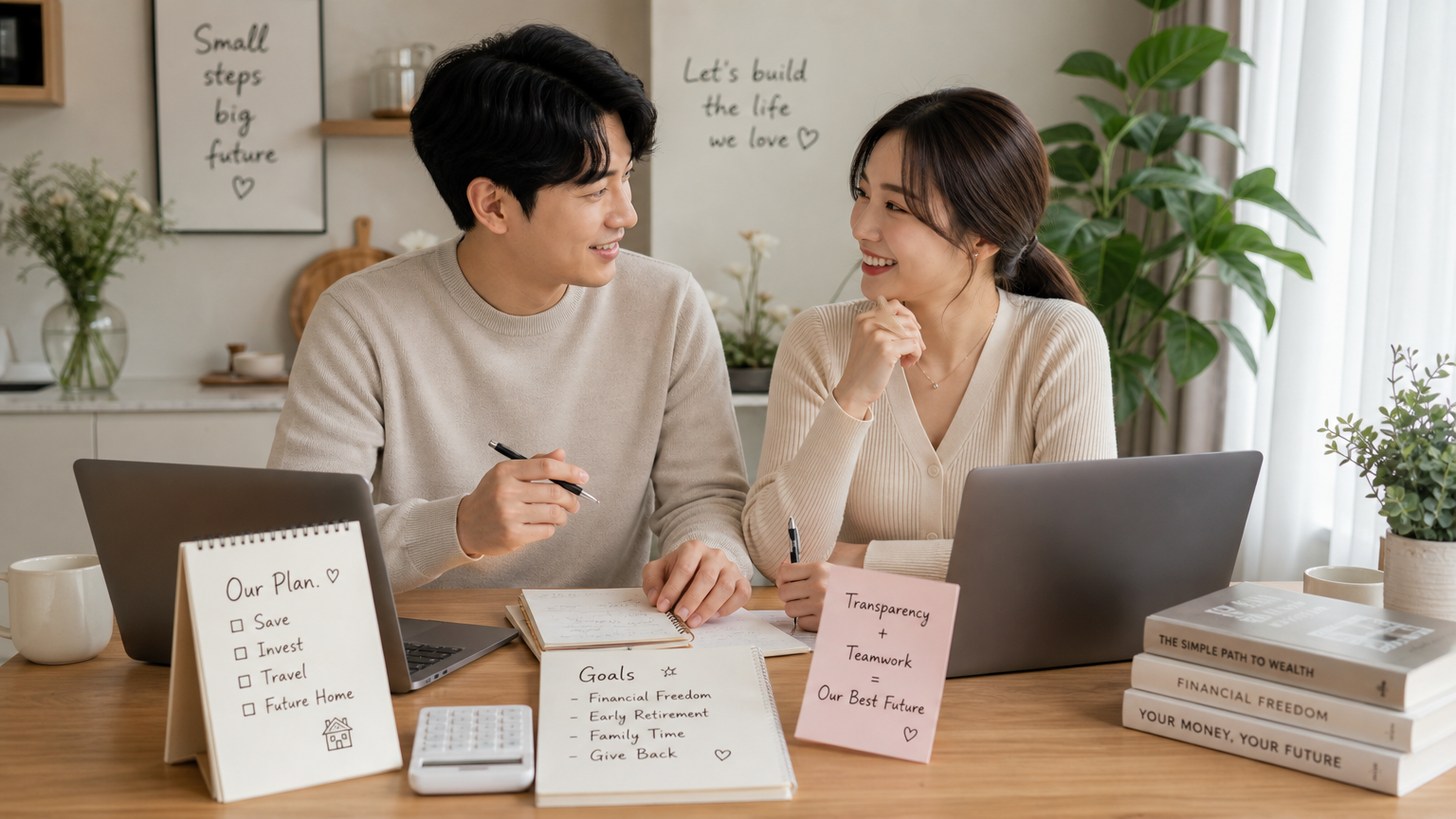 투명성과 팀워크를 강조하며 식탁에서 노트북과 노트를 펴고 재정 계획을 논의하는 한국 커플