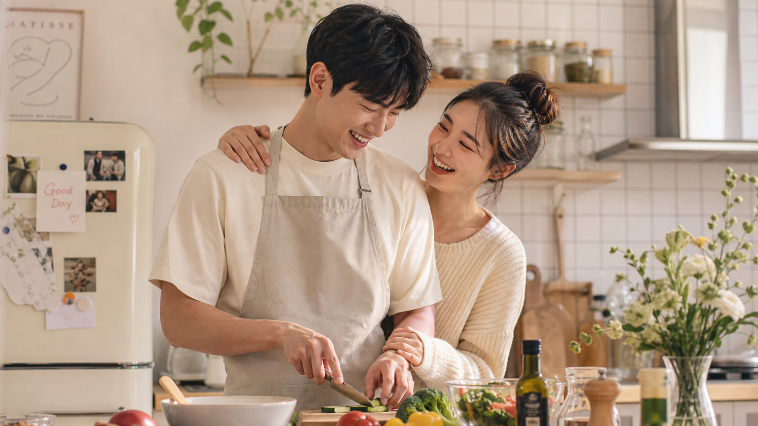 주방에서 요리하며 웃음과 기쁨으로 가득 찬 얼굴을 한 사랑스러운 순간을 보내는 한국 커플