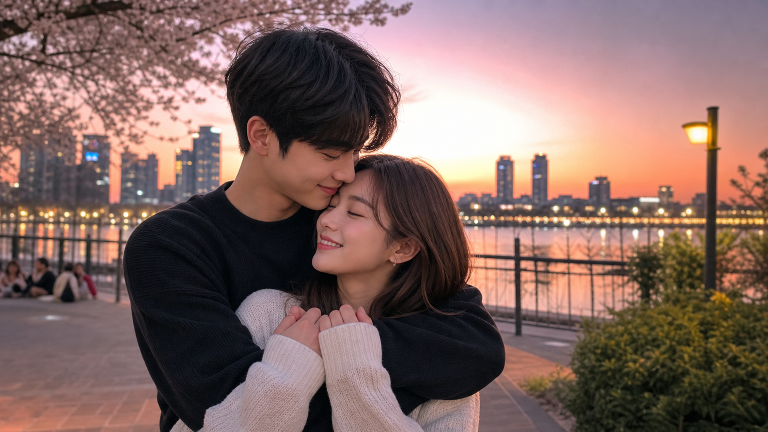 도시 공원에서 손을 잡거나 따뜻하게 포옹하며 애정을 나누는 다정한 순간의 한국 커플