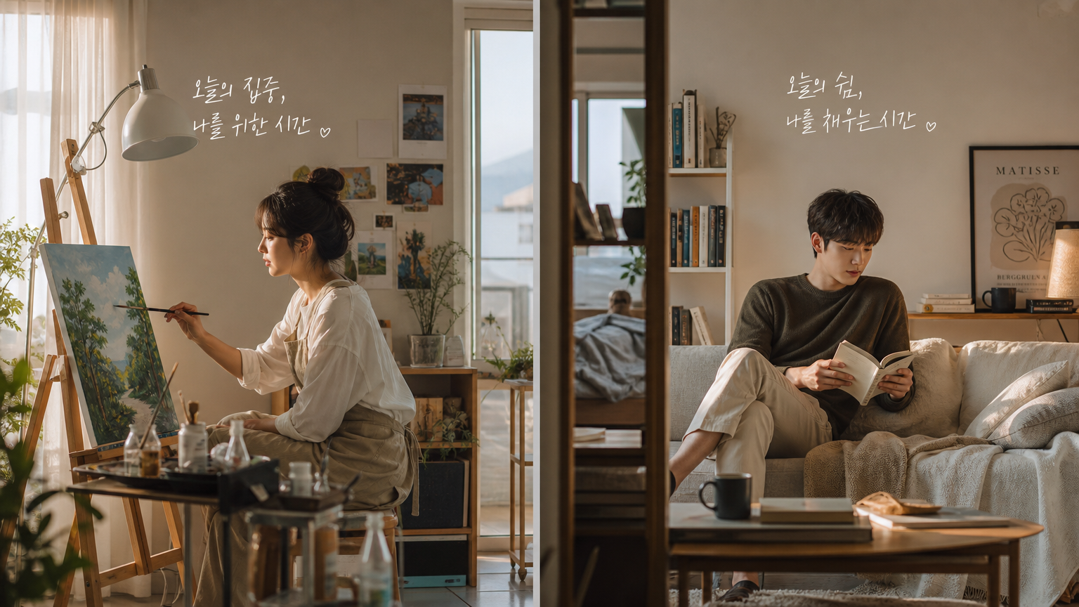 같은 집안에서 각자 그림 그리기나 독서 등 개인 활동을 즐기며 개인 공간과 자유를 느끼는 한국 커플