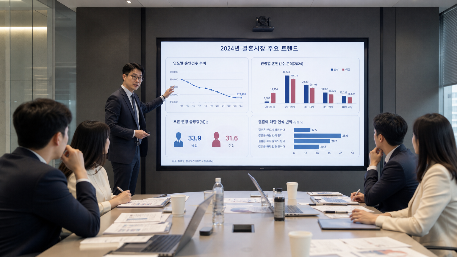 회의실에서 전문가들이 결혼 시장에 대해 논의하는 장면