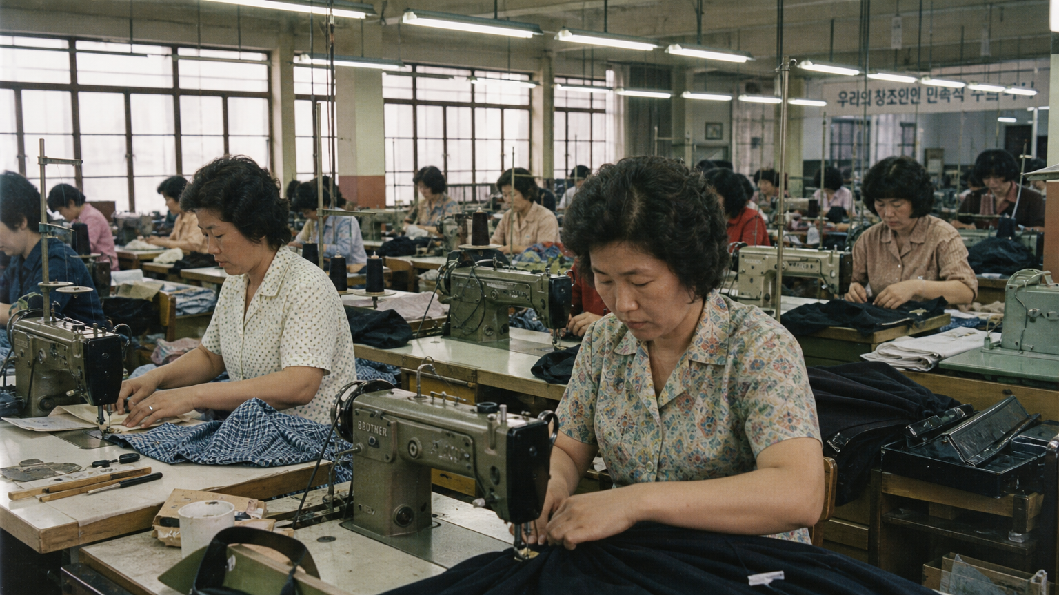 1970년대 봉제 공장에서 일하는 한국인 재봉사들과 빈티지 재봉틀이 있는 장면