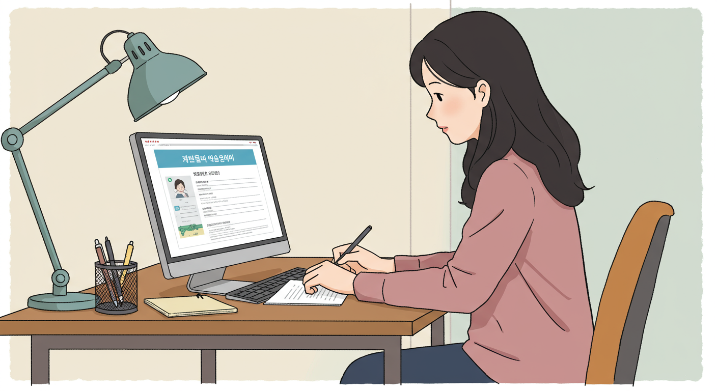 책상에 앉아 컴퓨터 화면에 표시된 '복지로' 사이트의 부모급여 신청서를 보는 한국 엄마의 집중한 모습