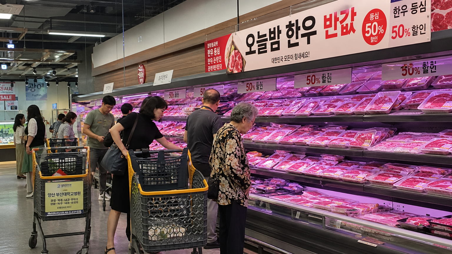저녁 세일 시간에 할인된 고기를 고르는 사람들로 붐비는 슈퍼마켓 고기 코너