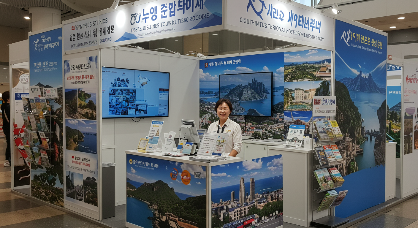 제주도 및 일본 등 해외여행 할인 정보를 제공하는 트래블쇼 부스 모습