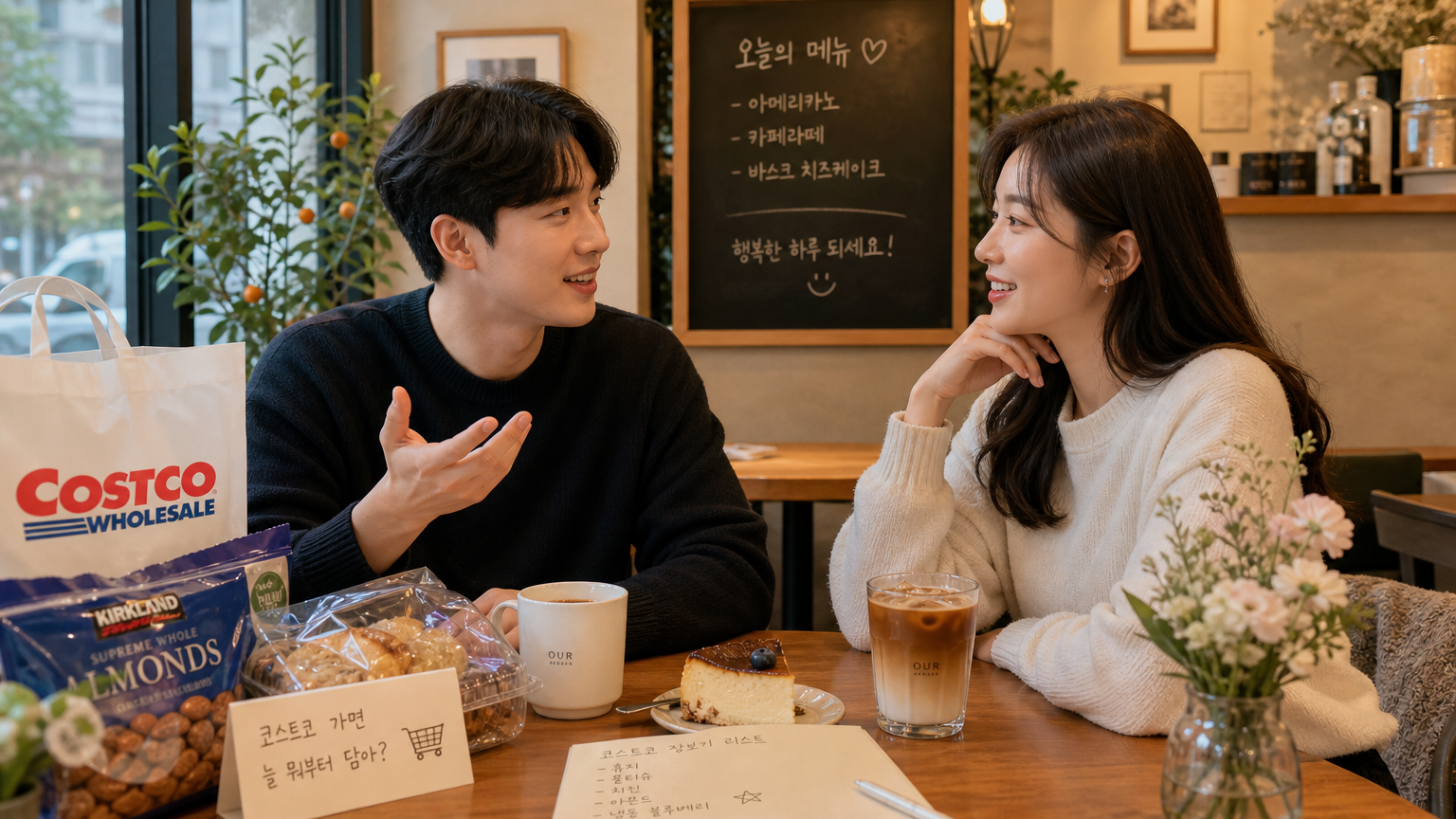 두 명의 한국인이 카페에서 커피를 마시며 과거 쇼핑 경험에 대해 이야기하는 장면