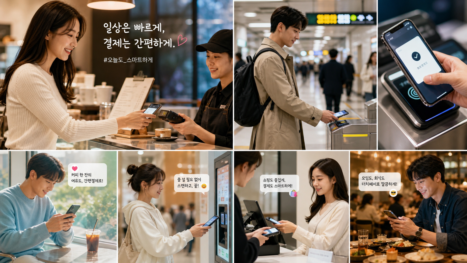 일상생활 속 카페나 대중교통에서 스마트폰으로 빠르게 결제를 하는 한국인의 모습
