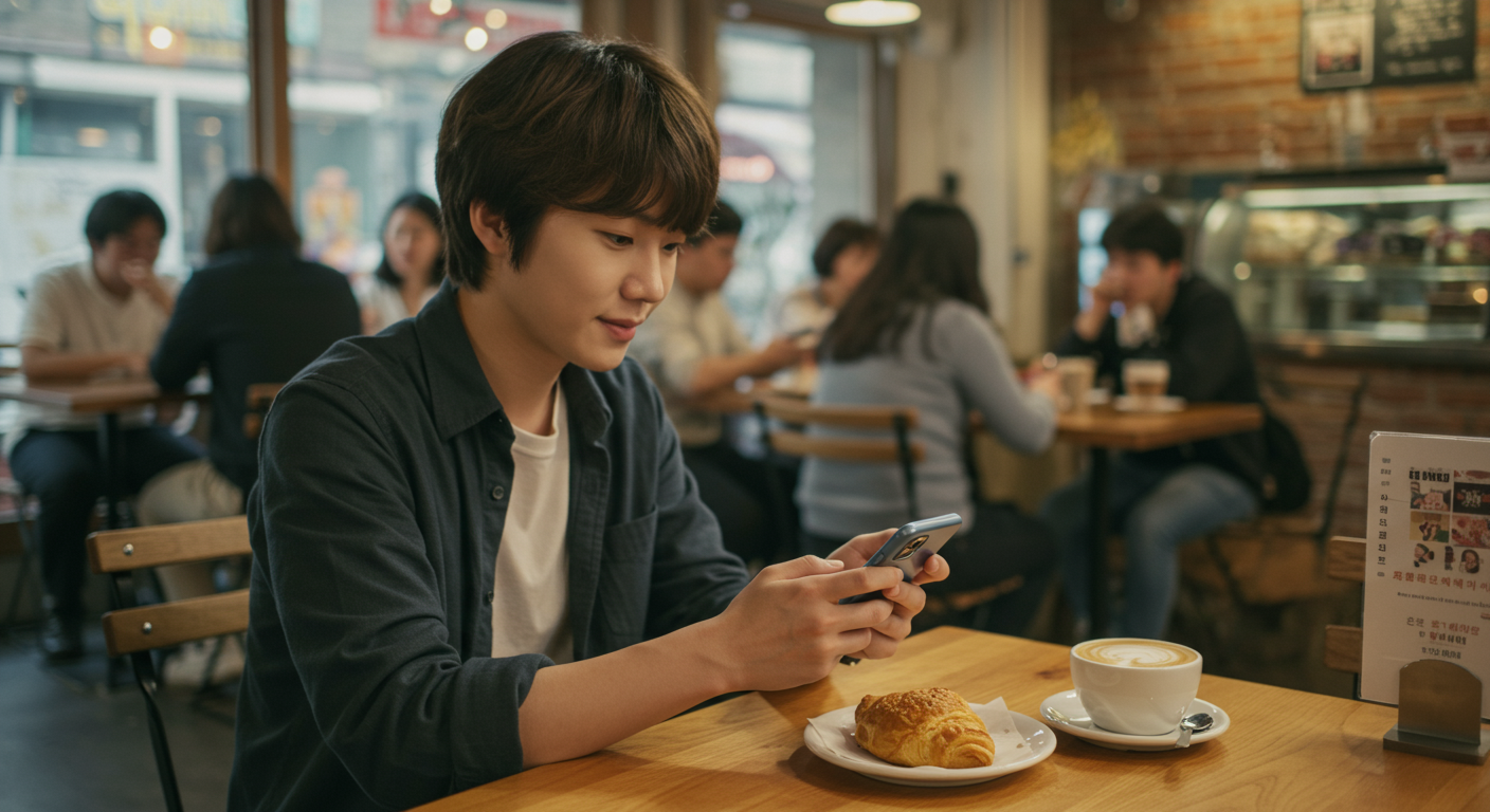 카페에서 모바일 앱으로 영화나 드라마를 검색하는 학생의 현대적인 장면