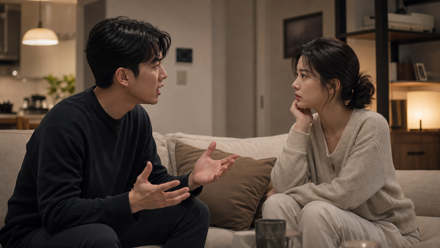 집에서 열띤 토론 중인 한국 커플; 한 명은 좌절하고 다른 한 명은 경청하는 모습