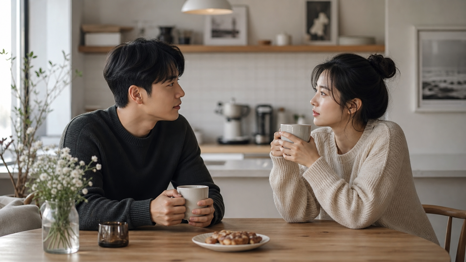주방 테이블에서 커피를 마시며 솔직하고 공감적인 대화를 나누는 한국 커플